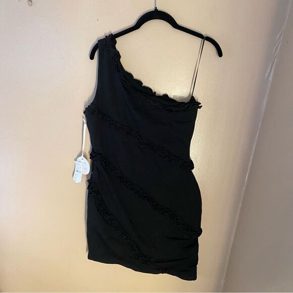 NWT MORE TO COME Camila One Shoulder Dress black mini ruffle trim Revolve M - Picture 9 of 12